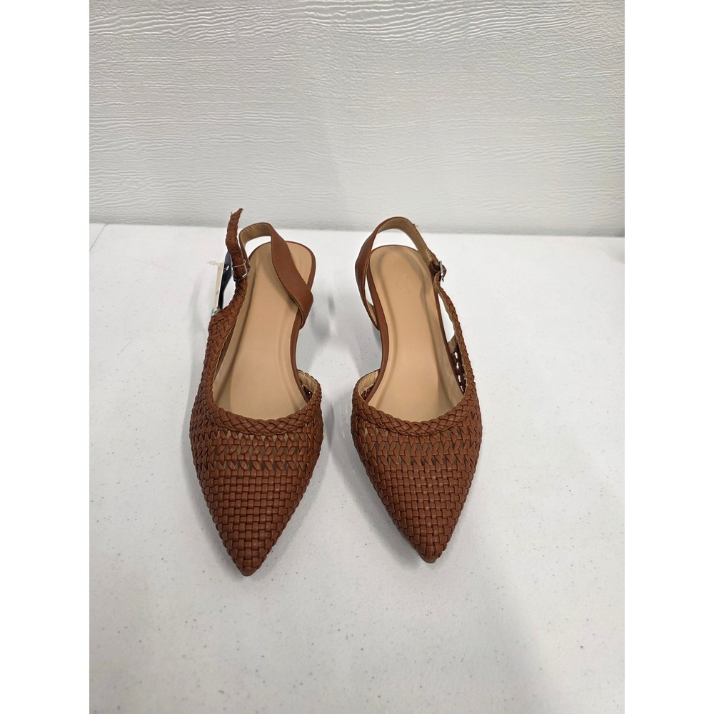 A New Day Womens Woven Slingback Kitten Heels Cognac Brown Pointed Toe Size 9.5